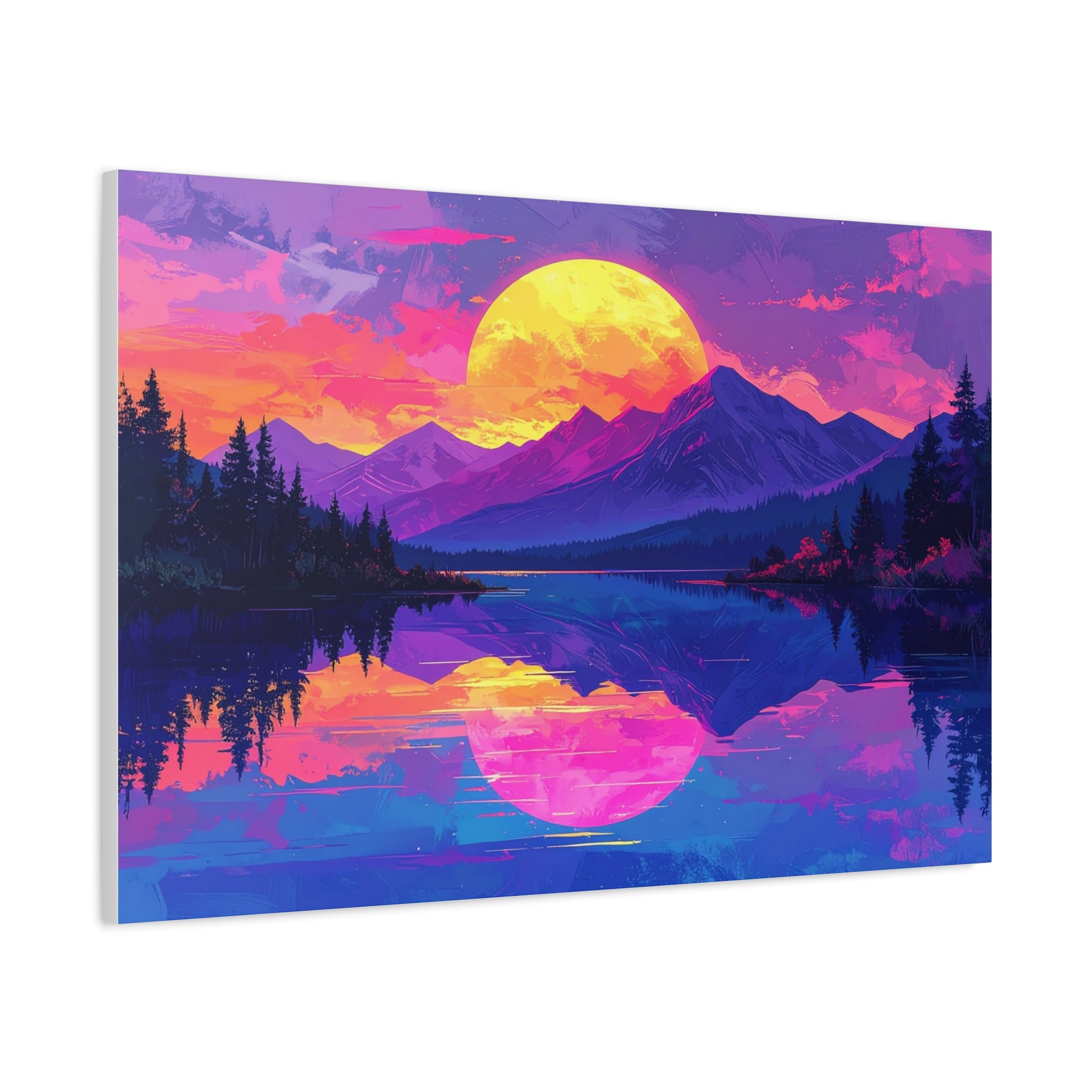 Twilight Symmetry: Neon Mountain Landscape, Vaporwave Digital Art - L’Art Suprême Canvas