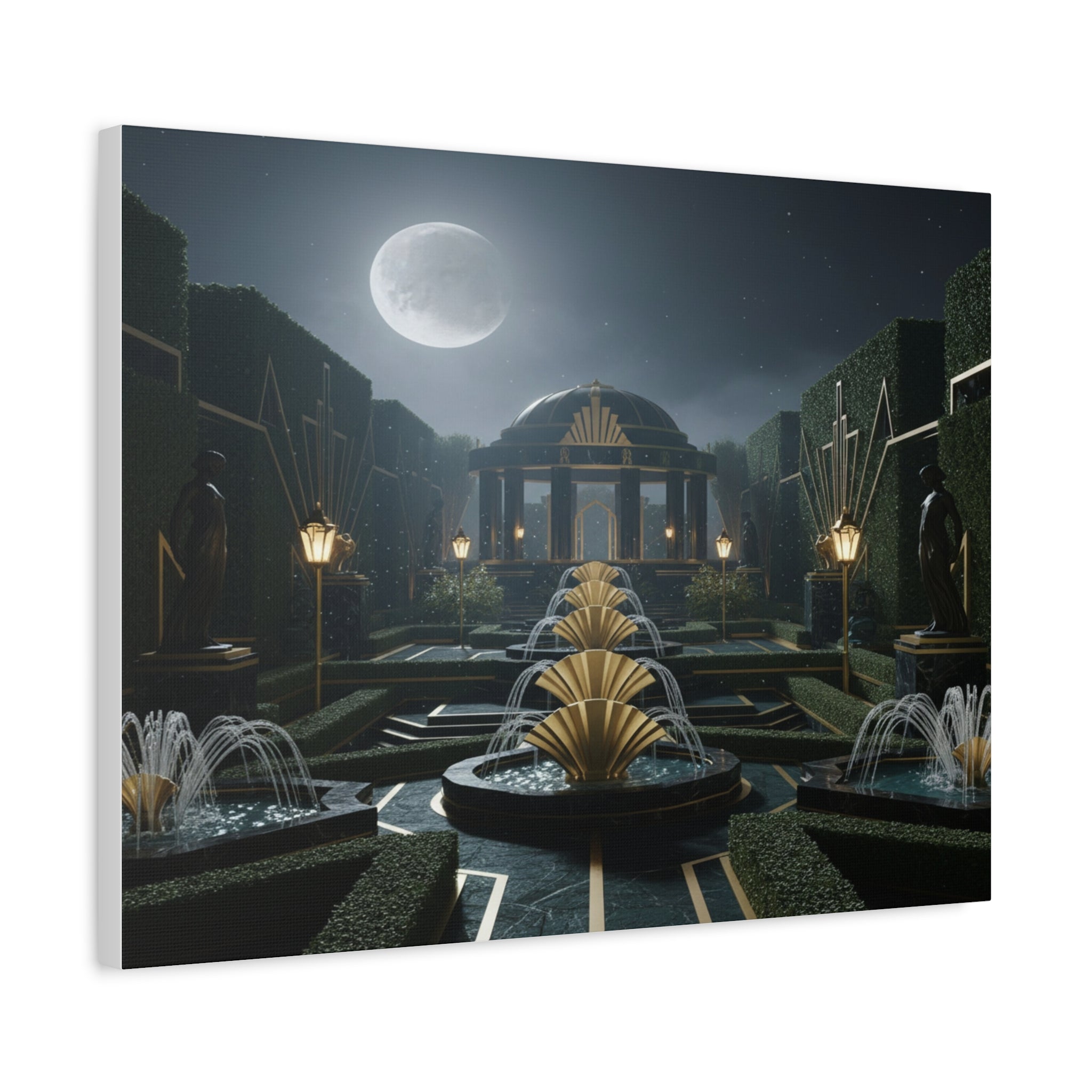 Nocturnal Pavilion: Art Deco Garden Symphony, Moonlit Architectural Dreamscape - L’Art Suprême Canvas