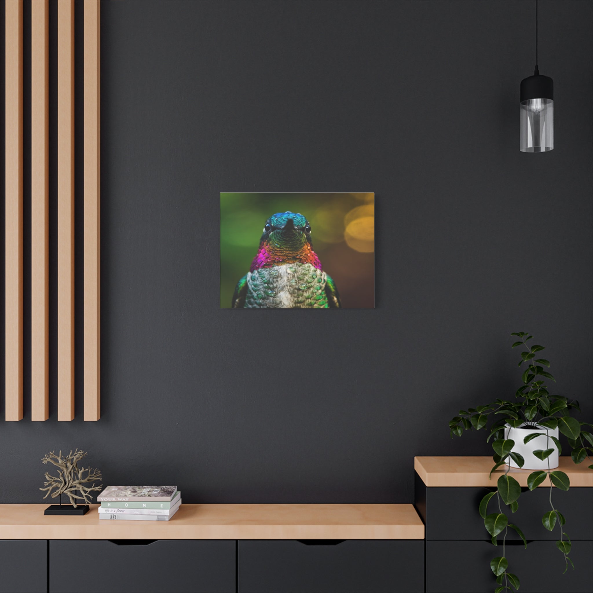 Iridescent Whispers: Hummingbird in Vibrant Plumage, Close-Up Nature Photography - L’Art Suprême Canvas