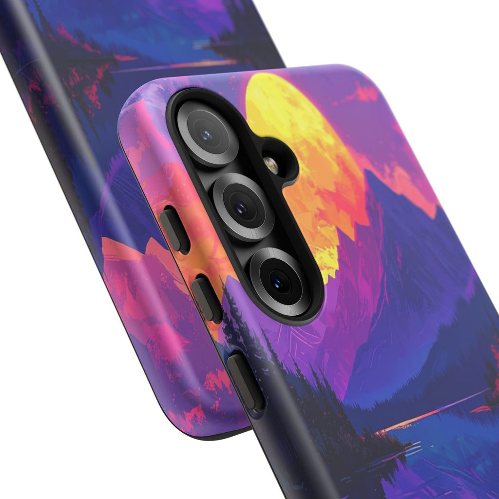 Twilight's Reflective Embrace: Mountain Synthwave Landscape, Digital Sunset Panorama - L’Art Suprême Phone Case