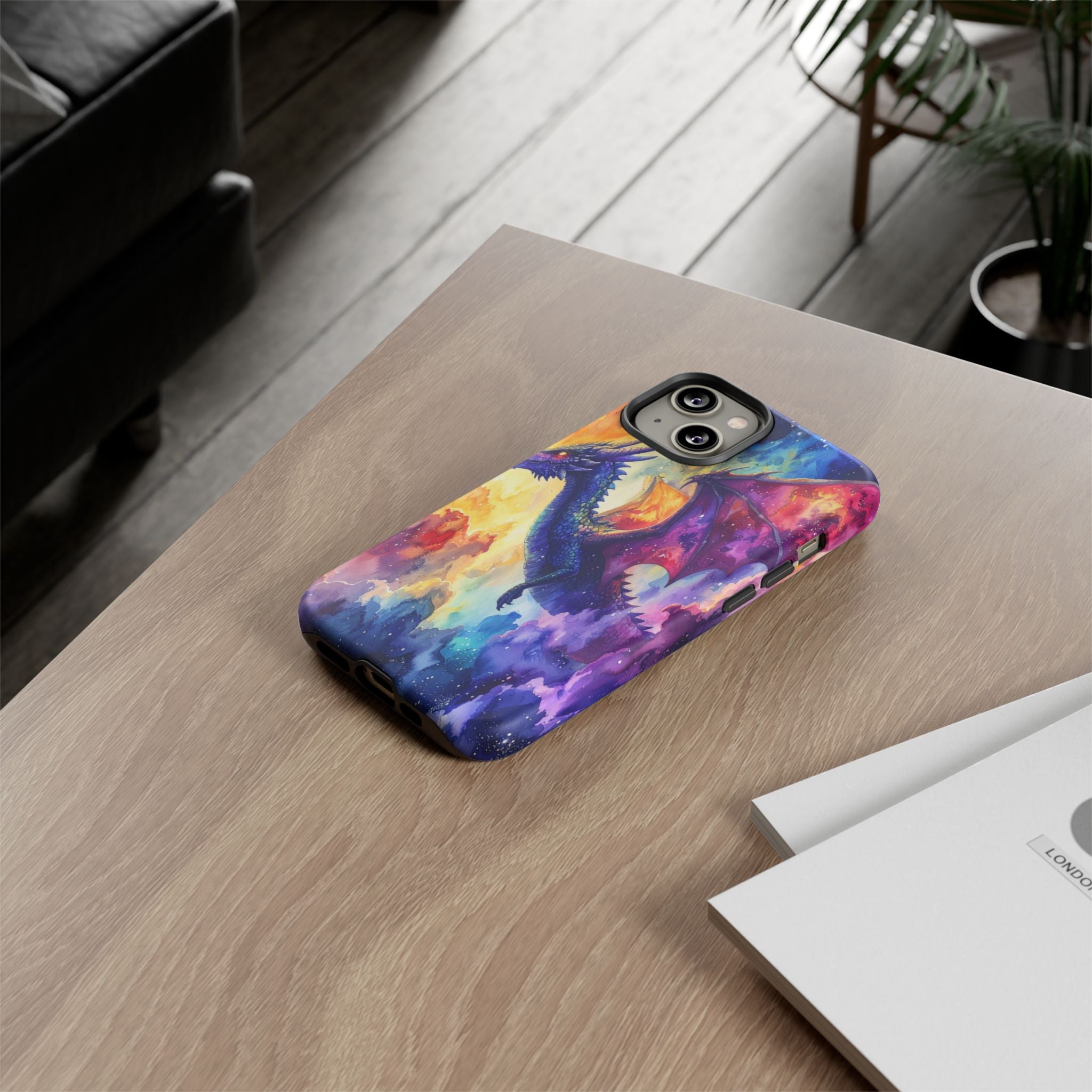 Celestial Dragons' Ascent: Watercolor Fantasy Artwork, Cosmic Nebula Landscape - L’Art Suprême Phone Case