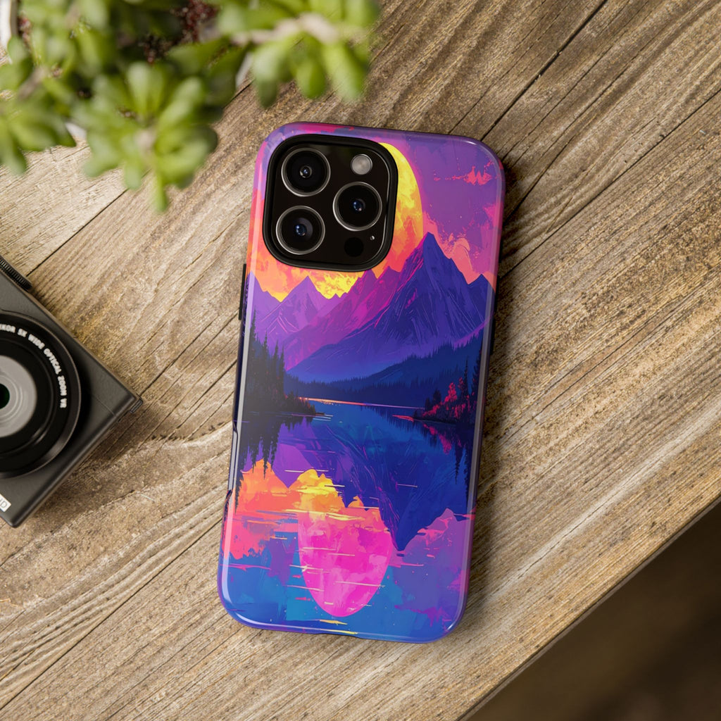Twilight's Reflective Embrace: Mountain Synthwave Landscape, Digital Sunset Panorama - L’Art Suprême Phone Case
