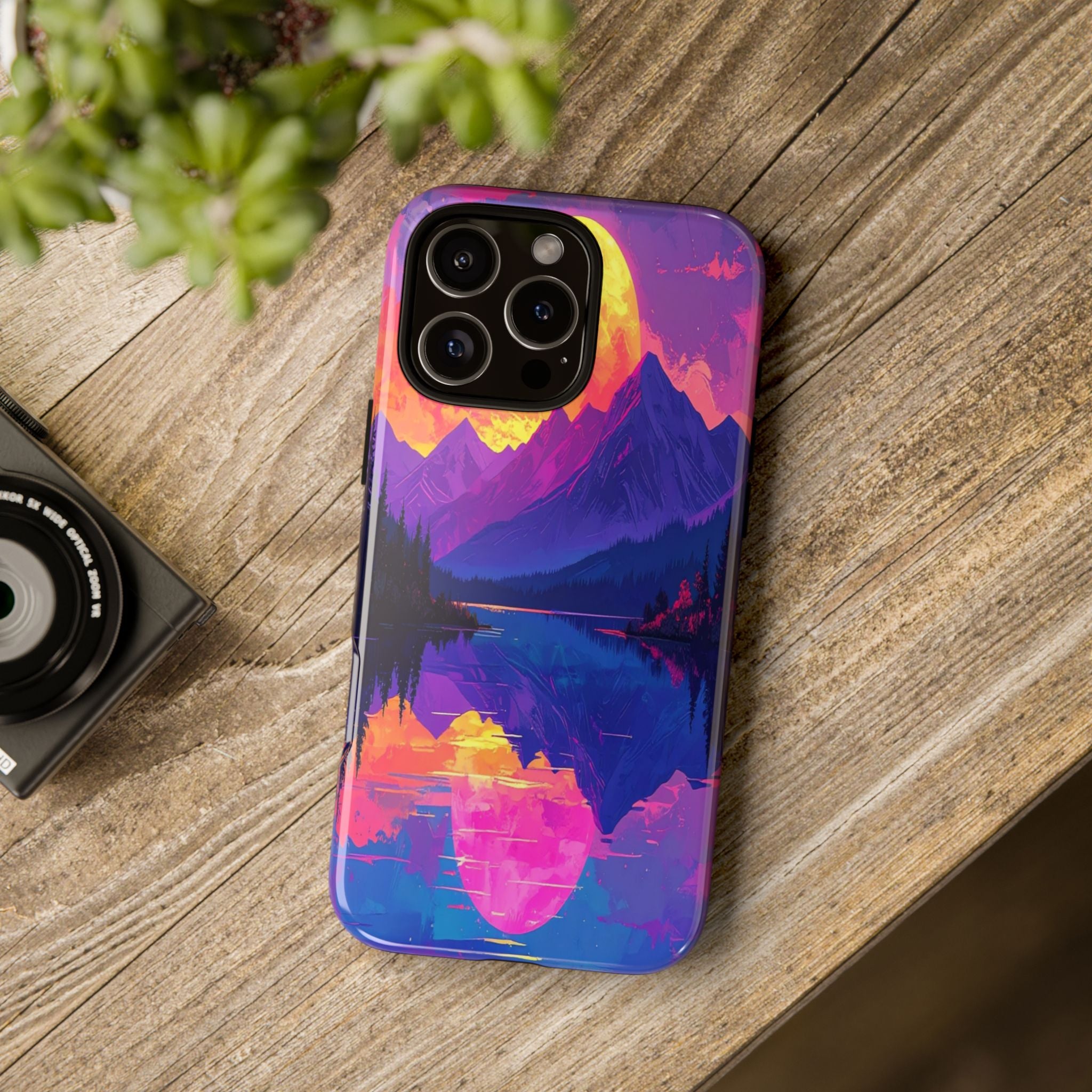 Twilight's Reflective Embrace: Mountain Synthwave Landscape, Digital Sunset Panorama - L’Art Suprême Phone Case