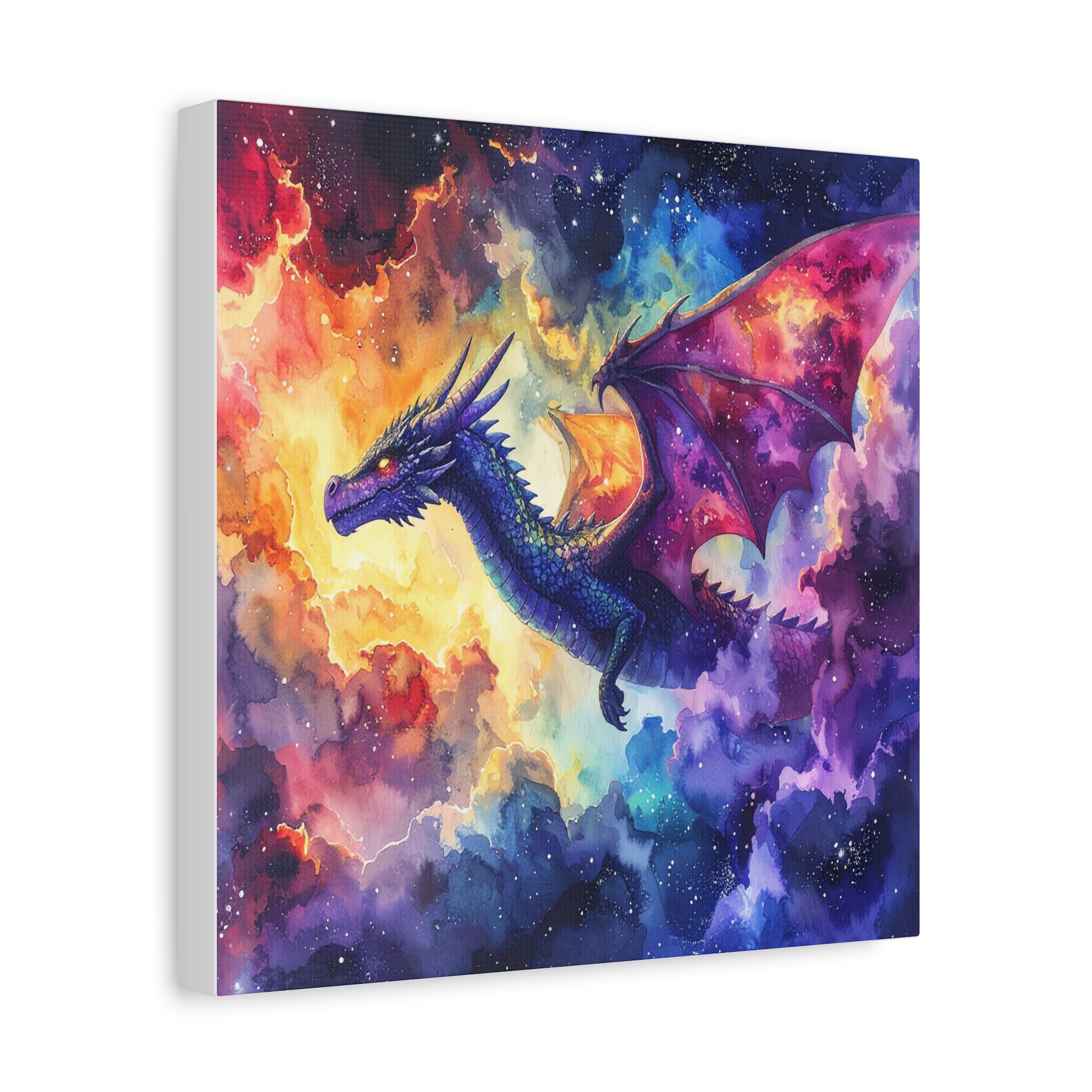Cosmic Dragons' Ascent: Ethereal Watercolor Fantasy, Celestial Mythical Landscape - L’Art Suprême Canvas