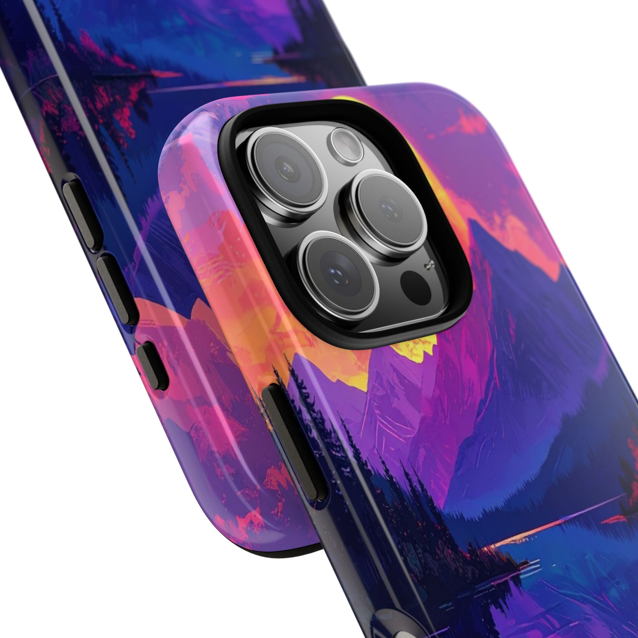 Twilight's Reflective Embrace: Mountain Synthwave Landscape, Digital Sunset Panorama - L’Art Suprême Phone Case