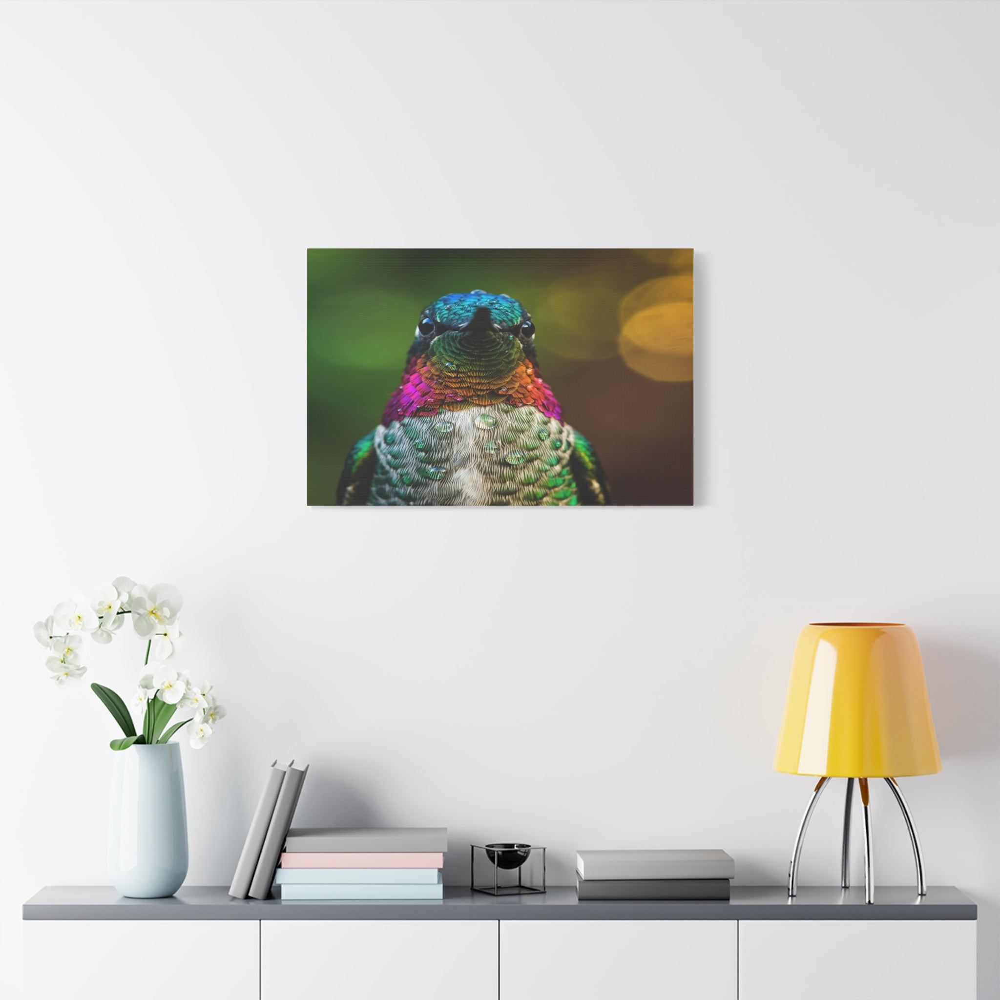 Iridescent Whispers: Hummingbird in Vibrant Plumage, Close-Up Nature Photography - L’Art Suprême Canvas