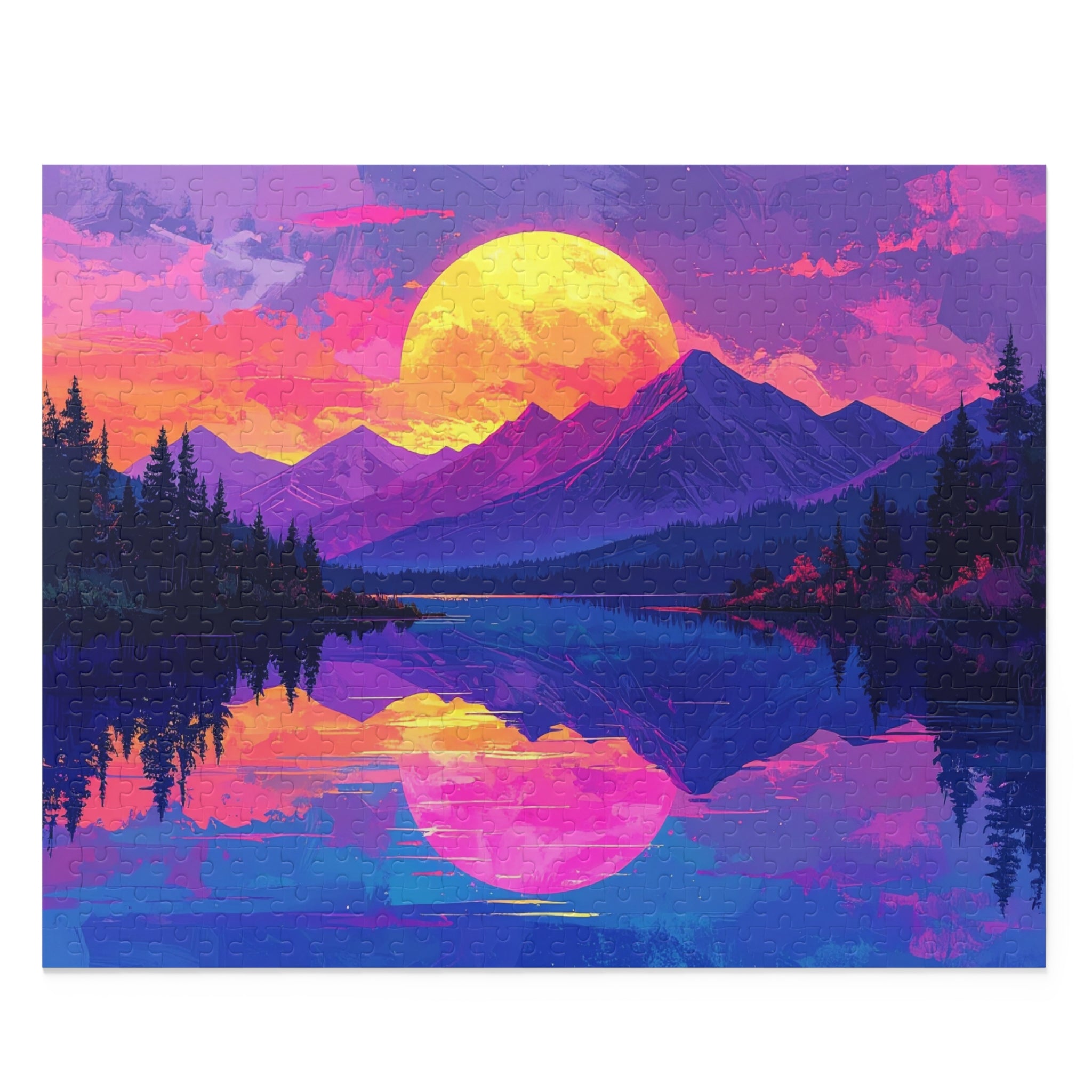 Synthwave Sunset Lake: Neon Mountain Dreamscape, Digital Retrowave Art -  L'Art Puzzle