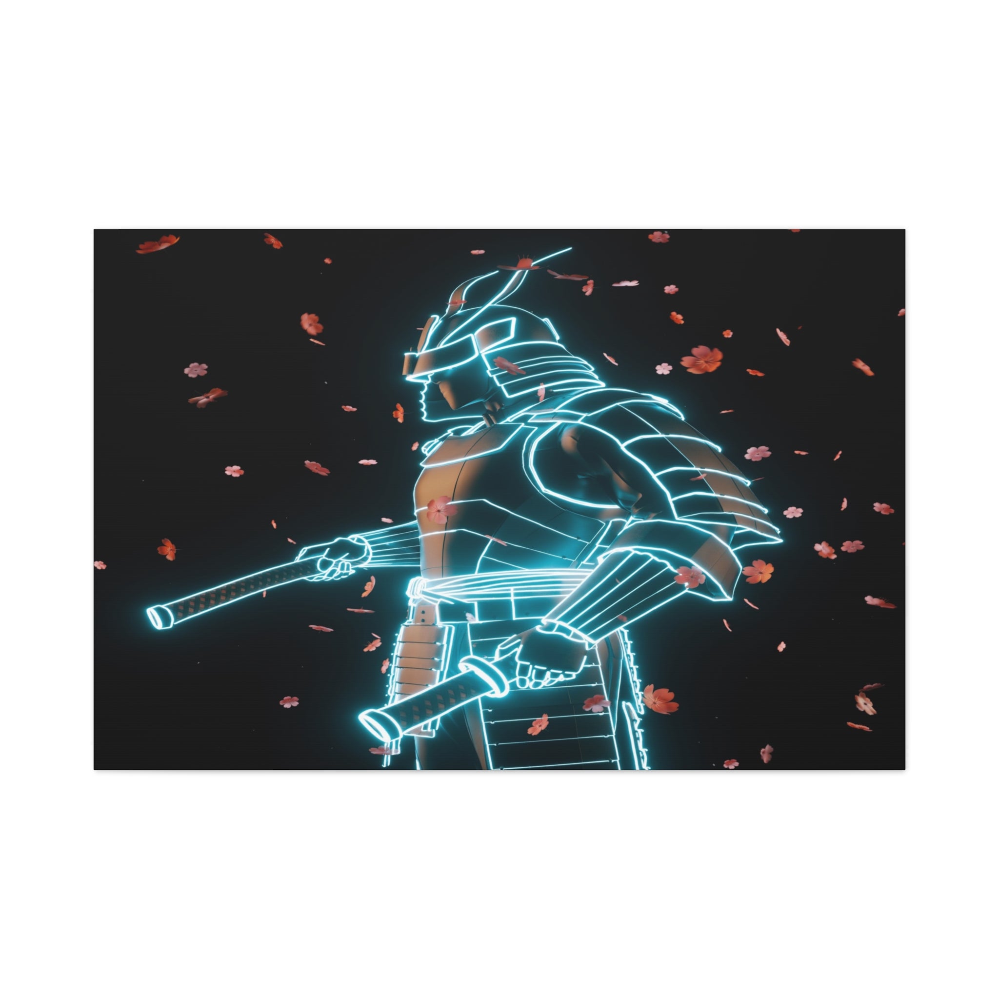 Neon Samurai: Digital Warrior, Cyberpunk Fusion, Glowing Wireframe Armor - L’Art Suprême Canvas