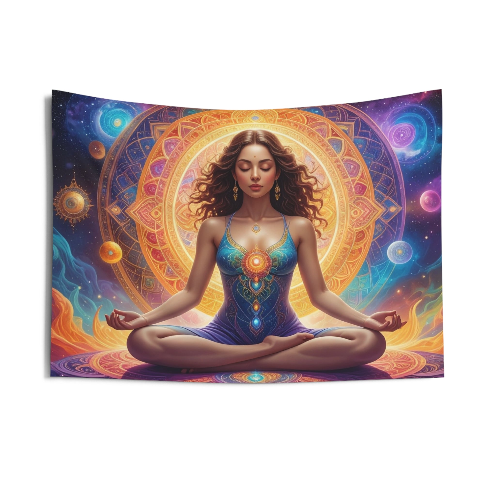 Cosmic Meditation: Ethereal Chakra Mandala, Spiritual Digital Art Transformation - L'Art Tapestry