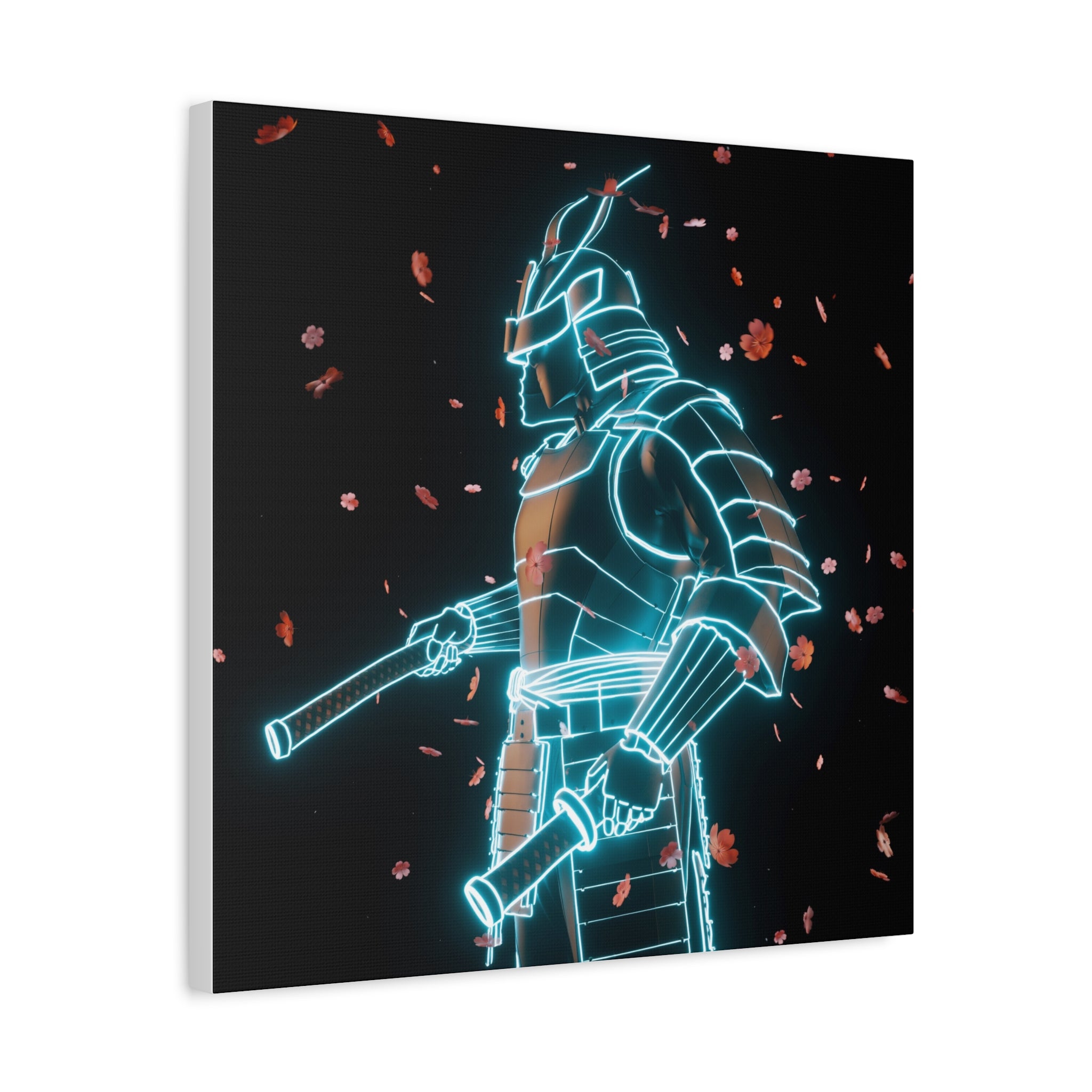 Neon Samurai: Digital Warrior, Cyberpunk Fusion, Glowing Wireframe Armor - L’Art Suprême Canvas