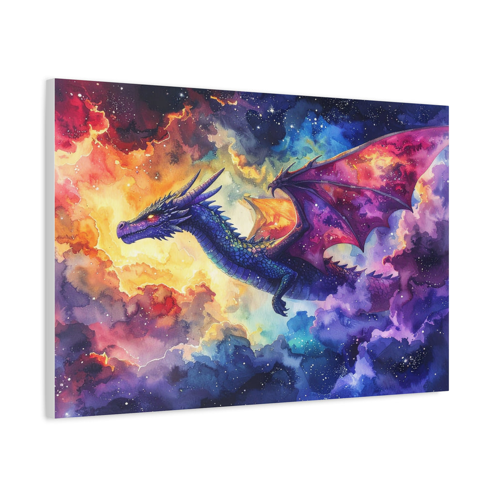 Cosmic Dragons' Ascent: Ethereal Watercolor Fantasy, Celestial Mythical Landscape - L’Art Suprême Canvas