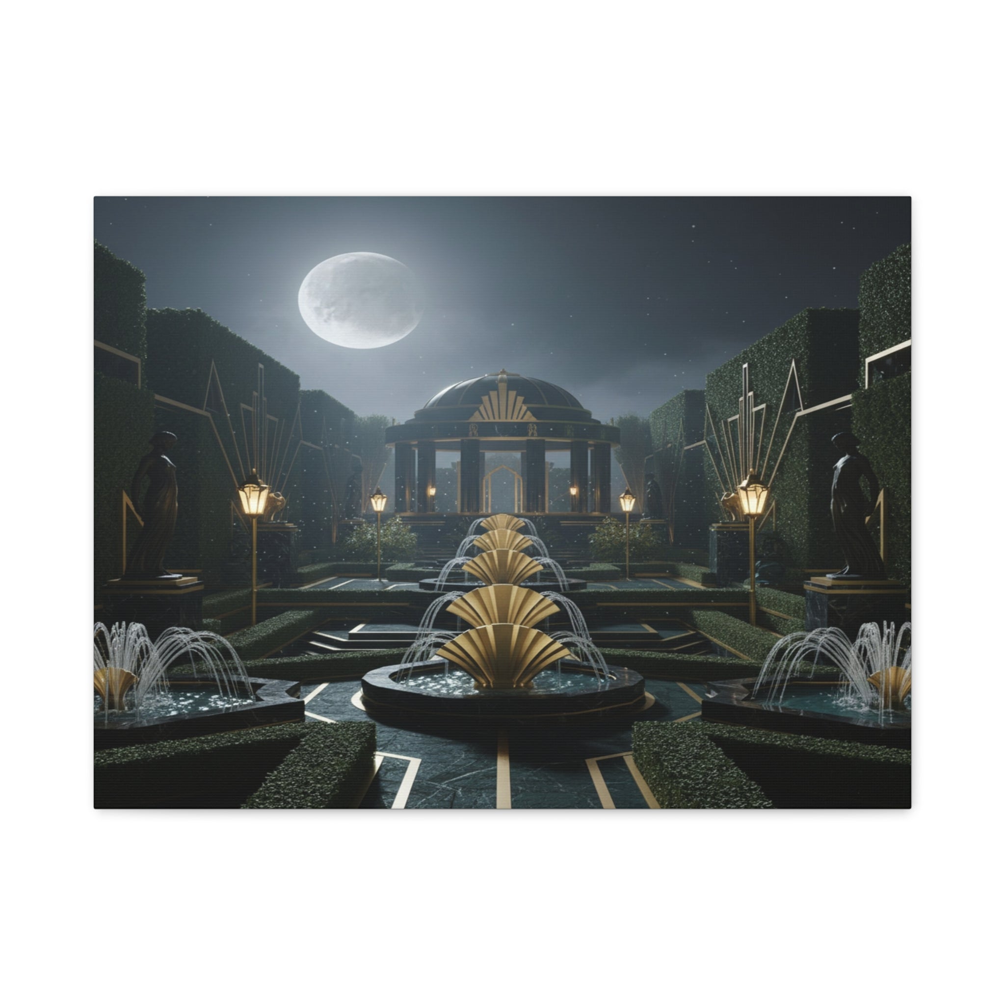 Nocturnal Pavilion: Art Deco Garden Symphony, Moonlit Architectural Dreamscape - L’Art Suprême Canvas