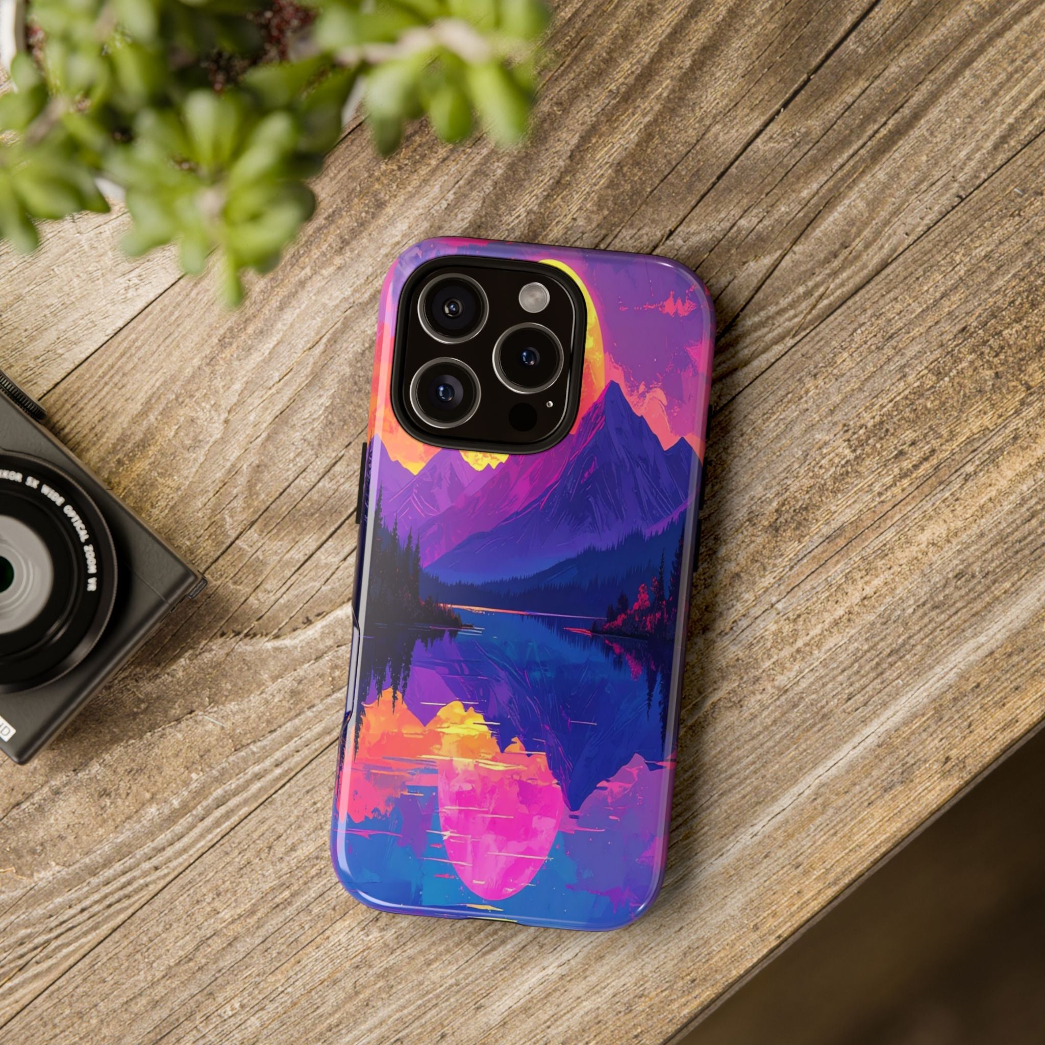 Twilight's Reflective Embrace: Mountain Synthwave Landscape, Digital Sunset Panorama - L’Art Suprême Phone Case