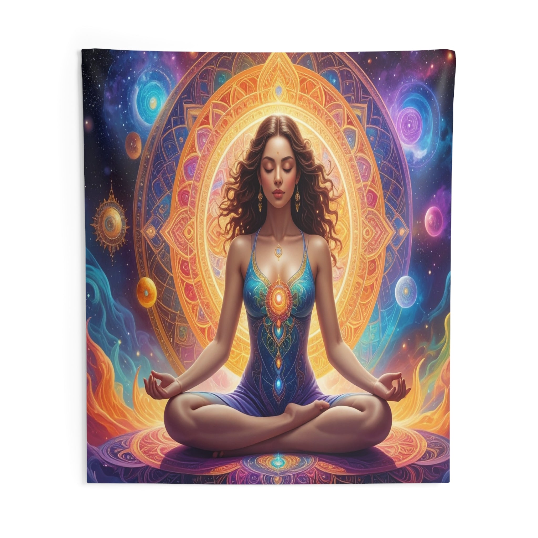 Cosmic Meditation: Ethereal Chakra Mandala, Spiritual Digital Art Transformation - L'Art Tapestry