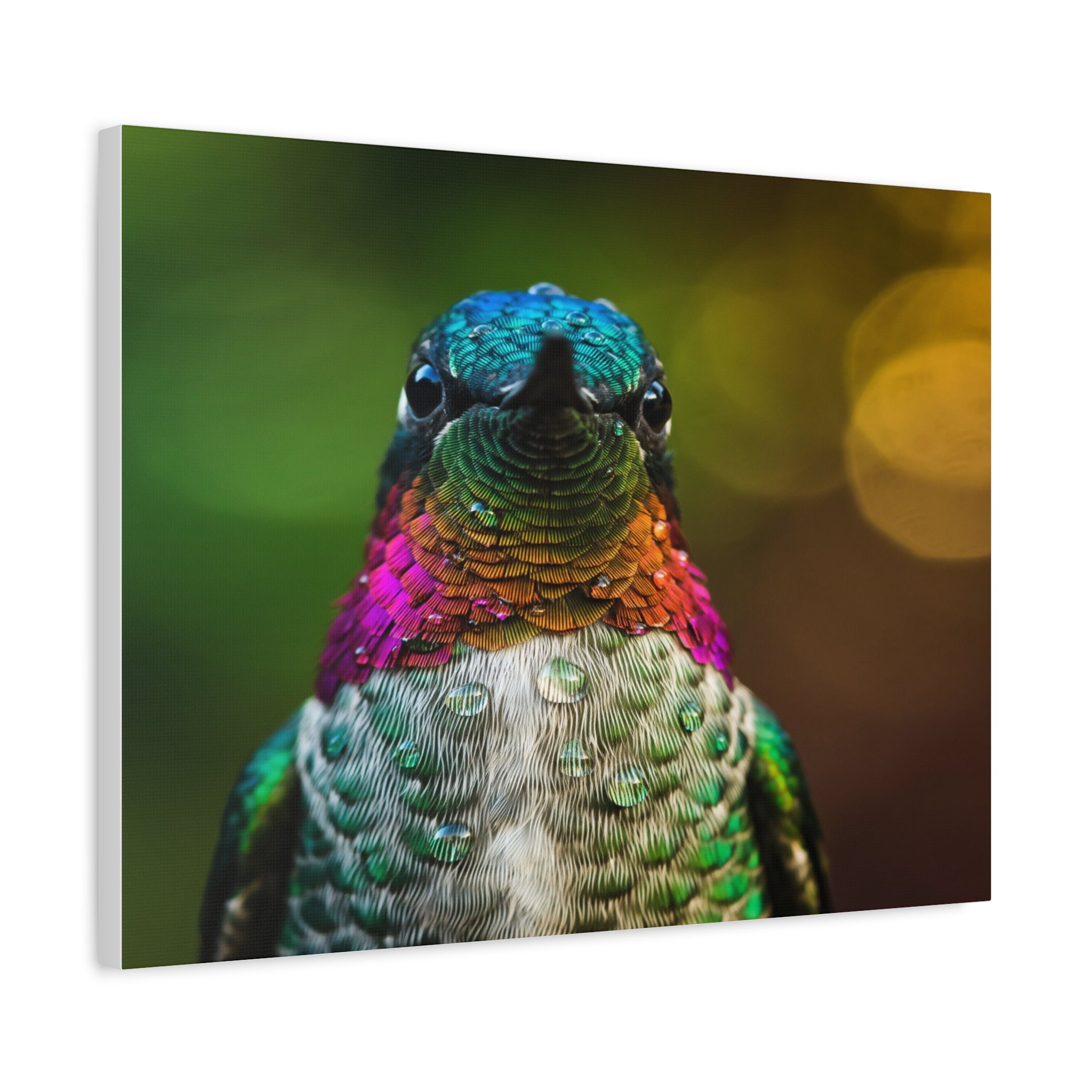 Iridescent Whispers: Hummingbird in Vibrant Plumage, Close-Up Nature Photography - L’Art Suprême Canvas