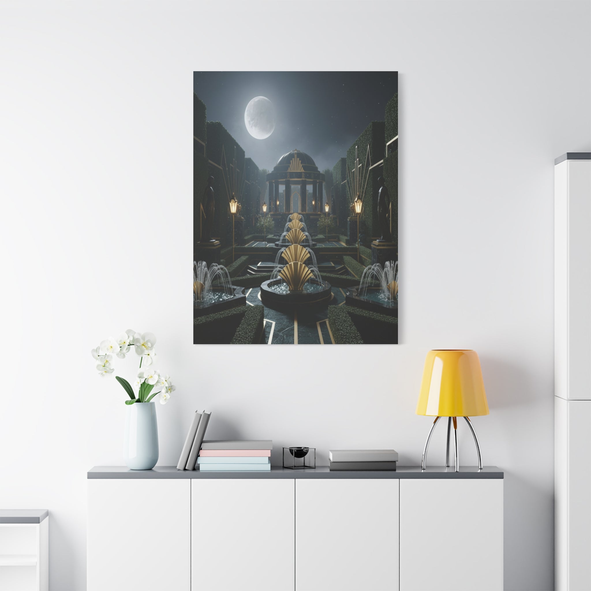 Nocturnal Pavilion: Art Deco Garden Symphony, Moonlit Architectural Dreamscape - L’Art Suprême Canvas