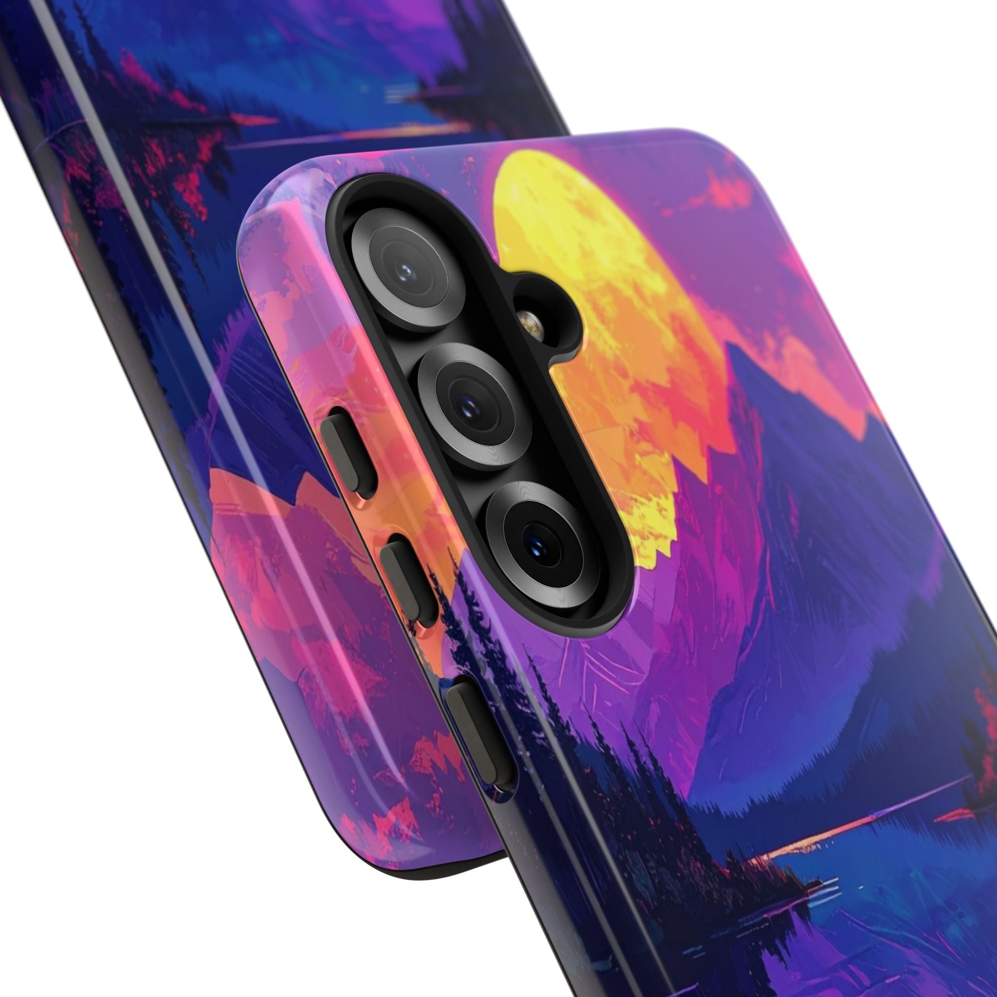 Twilight's Reflective Embrace: Mountain Synthwave Landscape, Digital Sunset Panorama - L’Art Suprême Phone Case