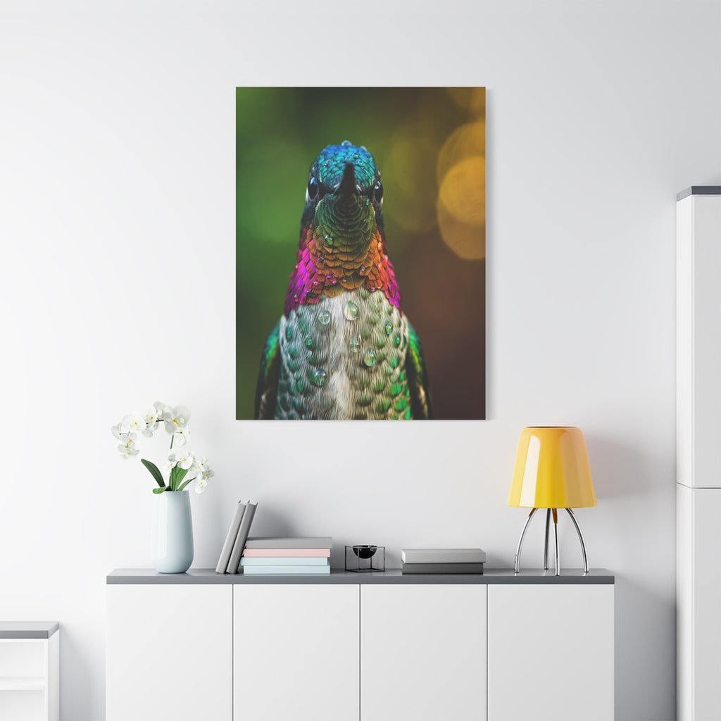 Iridescent Whispers: Hummingbird in Vibrant Plumage, Close-Up Nature Photography - L’Art Suprême Canvas
