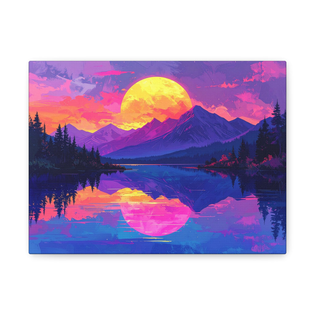 Twilight Symmetry: Neon Mountain Landscape, Vaporwave Digital Art - L’Art Suprême Canvas